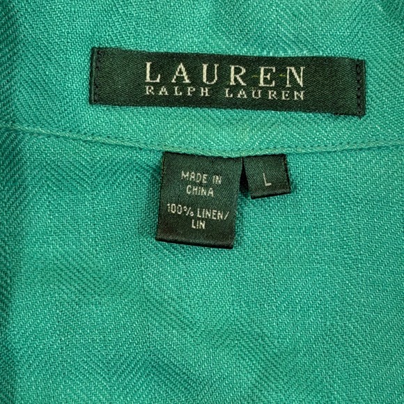 Lauren Ralph Lauren Green 100% Linen Herringbone Button Down Shirt Large - Picture 3 of 9